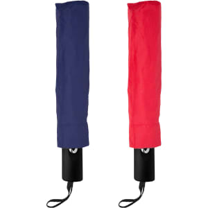 A Kingston umbrella featuring a navy and a red fabric cover, each with a black handle and strap.