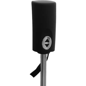 A black and silver handle of an umbrella, featuring a button mechanism and a strap for easy carrying.