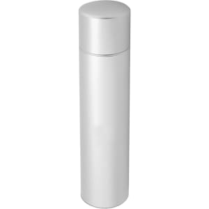 A silver drink bottle with a sleek, cylindrical design and a matching cap. It features a logo.