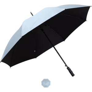 A silver and black umbrella with a straight handle. Includes a folded version below.
