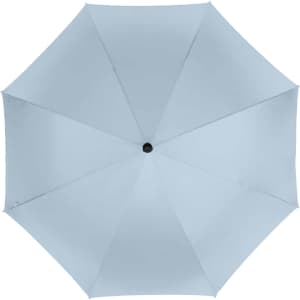 A silver umbrella with a rounded canopy and a central button. Features eight panels and a branding logo.