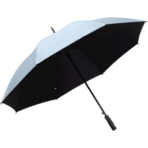 A silver and black umbrella with a sturdy handle, designed for outdoor leisure activities.