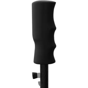 A close-up of a black umbrella handle, featuring a textured grip and a locking mechanism.