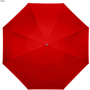 A red inverted umbrella with eight panels and a central silver button. It features a logo on its handle.