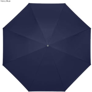 A navy blue inverted umbrella with an octagonal shape and a central button. It features a branding logo.