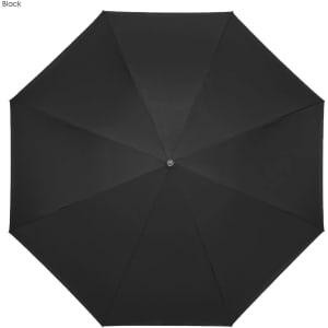 A black inverted umbrella with a smooth fabric surface and a central button for opening and closing.
