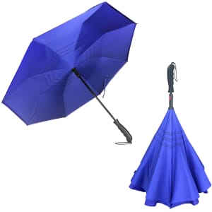A blue inverted umbrella with a sturdy handle, featuring a unique design and logo.