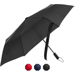 A black Windsor umbrella with a sleek design, featuring a handle and a logo. Available in multiple colours.