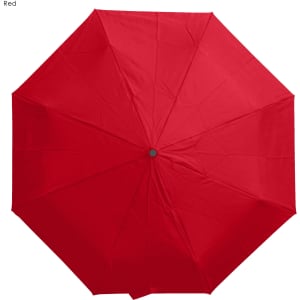 A red umbrella featuring an octagonal shape and a central opening mechanism, with a logo present.