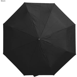 A black Windsor umbrella with a sleek, octagonal design and a central button. It features a logo on the handle.