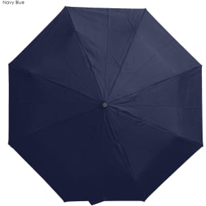 A navy blue umbrella with a central button and a lightweight design. It features a branding logo.