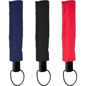 A set of three Windsor Umbrellas in navy blue, black, and red, featuring a handle with a loop.