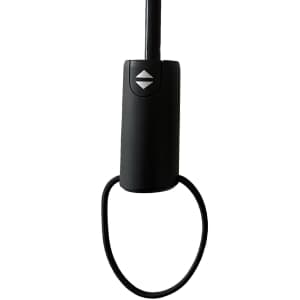 A black umbrella handle with a logo and a loop for easy carrying.