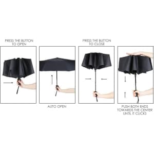 A black Windsor umbrella with an automatic open and close mechanism, shown in various positions.