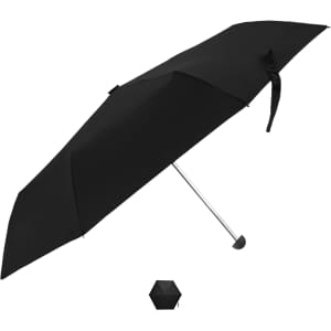 A black Paraflex umbrella with a silver handle and a compact design. It features a logo on the fabric.