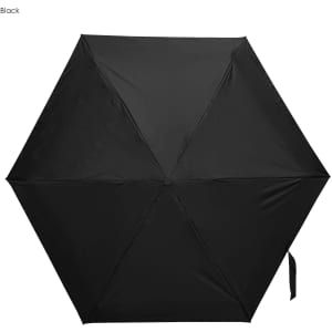 A black Paraflex umbrella featuring a hexagonal shape and a secure closure strap, with a logo present.
