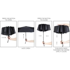 A black Paraflex umbrella demonstrating the auto open and close features with hands holding it.