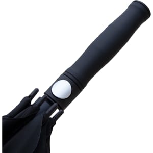 A black umbrella handle with a smooth grip and a white button, featuring an attached black canopy.