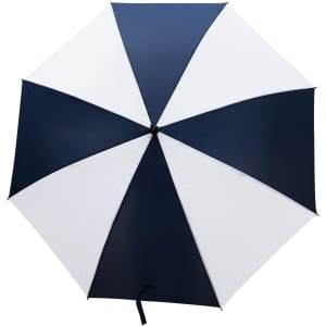 A navy and white striped umbrella with a centre handle and a sleek design. The umbrella features a branding logo.