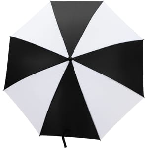 A black and white striped umbrella featuring a central opening mechanism and a textured handle. It has a logo.