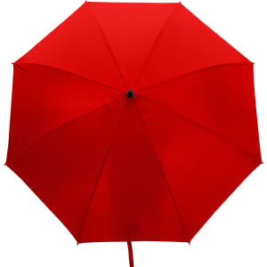 A red umbrella with a smooth canopy and a black handle, featuring a logo.