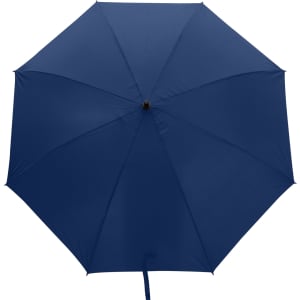 A navy blue umbrella with a smooth canopy and a central handle. It features a branding logo.