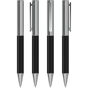 A set of metallic pens featuring a sleek black carbon grip and shiny chrome accents, arranged in a row.