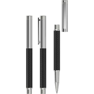 A metal rollerball pen featuring a black carbon body and chrome accents. Includes a removable cap and clip.