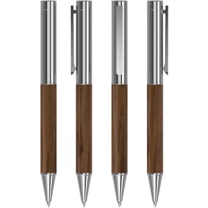 A set of four metal pens with wooden grips, featuring a glossy silver finish and a subtle logo.