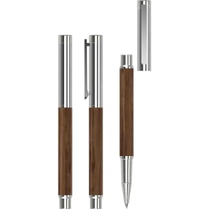 A rollerball pen featuring a wooden barrel and silver metal accents, with a cap and clip attached.