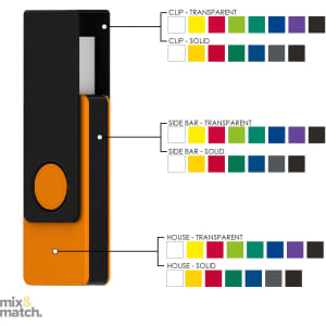 A USB drive with a plastic clip, featuring orange, black, and various colour options. Includes a branding logo.