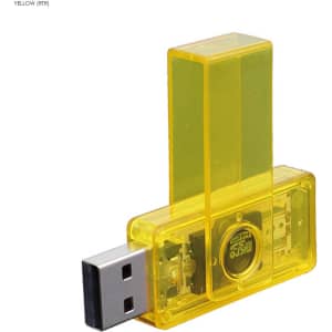 A bright yellow USB flash drive with a plastic clip, featuring a USB connector and embedded electronics.