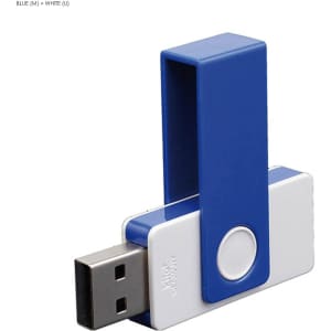 A USB flash drive featuring a blue plastic clip and a white casing, with a logo on the clip.