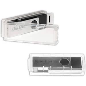 A USB flash drive with a plastic clip, featuring a sleek black design and a clear protective casing.