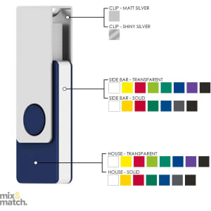 A USB flash drive with a metal clip, featuring a mix of colours including blue, white, and transparent options, along with a logo.