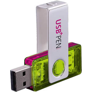 A USB flash drive with a metal clip, featuring a vibrant green and transparent casing.