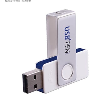 A USB flash drive with a metal clip, featuring a matte silver and white design. It includes a logo.