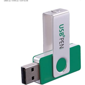 A green and white USB flash drive with a metal clip, featuring a logo and 32GB storage capacity.