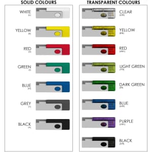 A collection of USB drives with metal clips in various solid and transparent colours, including white, red, blue, and black.