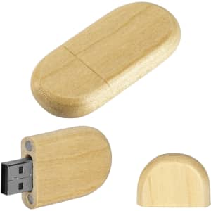 A wooden bamboo USB flash drive in a natural finish, featuring a removable cap and a sleek, oval design.