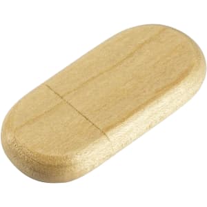 A bamboo USB flash drive with a smooth, light-coloured wooden finish, featuring an oval shape and a logo.