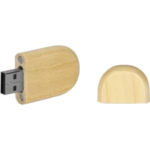 A bamboo USB flash drive in light wood, featuring a removable cap and a small logo.