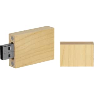 A bamboo USB flash drive in natural wood finish, featuring a removable cap and a simple design.