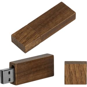 A wooden USB flash drive in a rectangular shape, featuring a metallic connector and a rich brown colour.