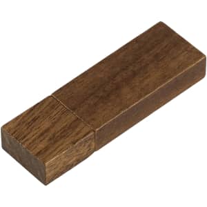 A wooden USB flash drive in a rectangular shape, featuring a brown finish and a logo on one side.