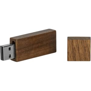 A wooden USB flash drive in brown with a removable cap, featuring a logo on its side. It's 32GB in capacity.