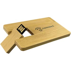 A bamboo USB flash drive with a 16GB capacity, featuring a black connector and a brand logo.