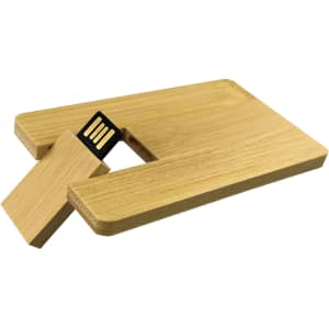 A wooden USB flash drive in bamboo design, featuring a slide-out connector. It has a sleek, natural finish.