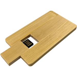 A bamboo USB flash drive in a slim card design, featuring a 16GB capacity and a logo on the surface.