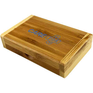 A bamboo case with a logo, featuring natural wood colours and a smooth finish. Suitable for tech accessories.